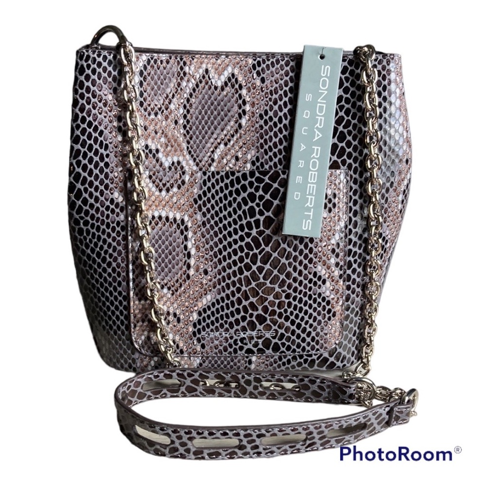 Sondra Roberts Bucket Crossbody Bag Brown Snake Print Chain Shoulder Strap New